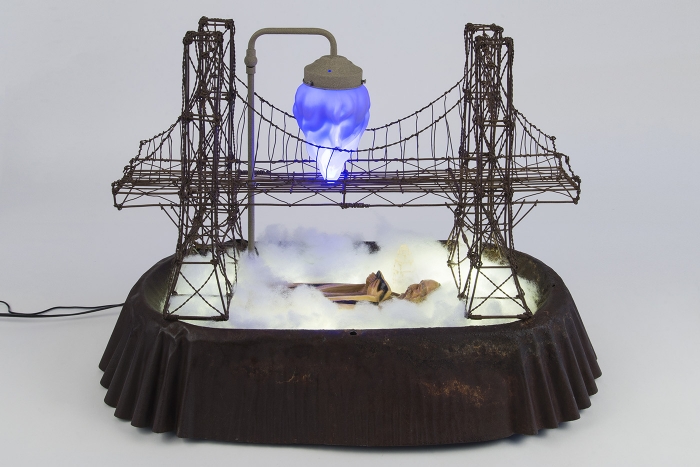 Hayley Silverman Control, 2016 Pig feed trough, wire, polyester stuffing, string lights, torch light, selenite, rabbi figurine 22 x 30 x 18 inches (55.9 x 76.2 x 45.7 cm)