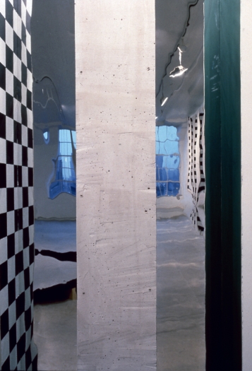 Wall/Door - Over the Wall & Far Away Sunny Dais (Many Happy Returns), 1996, Plywood, sheet rock, paint, plexi-glass, Dimensions variable