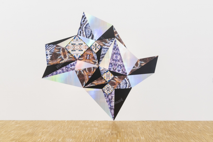Haegue Yang installation of Crystalline Hovering and Projecting – Trustworthy #36, Various security envelopes, graph paper, laser prints on paper, self-adhesive holographic and reflective vinyl film on cardboard, framed, self-adhesive holographic and digitally color printed vinyl film