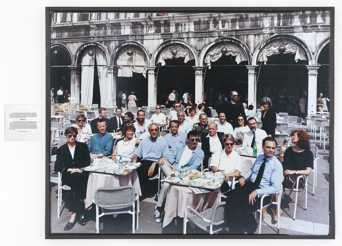 readymades belong to everyone® Thinking of..., 1993 Color photograph and title card with text: "Laura Carpenter, Bruna Girodengo, Christophe Durand-Ruel (...) THINKING OF... Benoît d'Aubert, BDDP, Armand Bartos Jr. (...)" Photograph: 50 1/4 x 62 1/4 inches (127.5 x 158 cm) Title card: 7 7/8 x 7 7/8 x 1/8 inches (20 x 20 x .4 cm)
