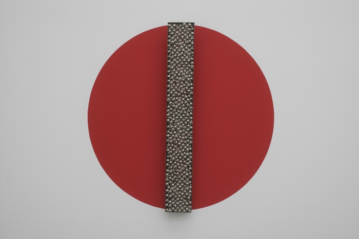 Haegue Yang Sonic Rotating Line Type A - Nickel Plated #10, 2013 Steel sheet, powder coating, ball bearings, metal grid, nickel plated bells, metal rings 5 1/2 x 39 3/8 inches (14 x 100 cm)