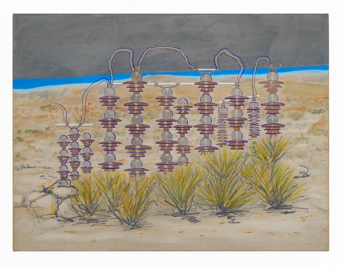 William Leavitt Resistors in the Desert (Magritte machine), 2018 Acrylic on linen 30 x 40 inches (76.2 x 101.6 cm)