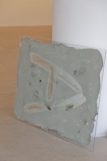 Gerry Bibby, Floor Show 3 (A), 2016, Glass, concrete, latex, detritus, 46 x 35 3/8 inches (116.8 x 89.9 cm)