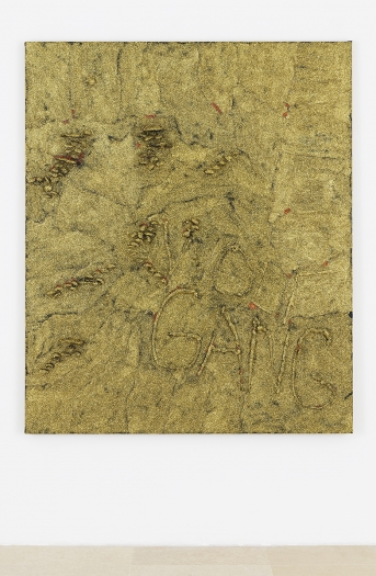 Mathieu Malouf Wolfgang, 2017 Dried stabilized fungi, metallic glitter and polymer paint on raw Belgian linen 60 x 72 x 3 3/4 inches (152.4 x 182.9 x 9.5 cm)