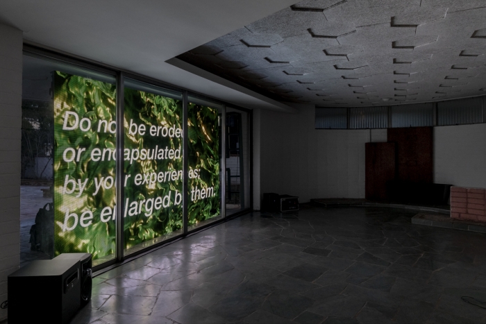 Tony Cokes, Installation view, Della's House, Hannah Hoffman Gallery, Los Angeles