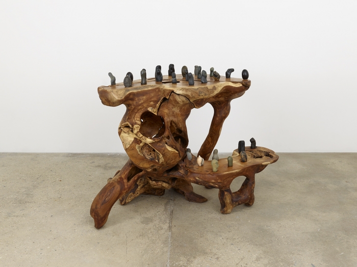 Haegue Yang Rooted Stones on Parallel Dimensions, 2016 Root carving, teak, suisekis, casters 45 5/8 x 62 1/4 x 34 5/8 inches (115.9 x 158.1 x 87.9 cm)
