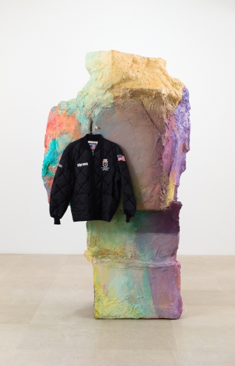 Rachel Harrison American Bar, 2014 Wood, polystyrene, cardboard, cement, acrylic, jacket, hanger, and kitchen scrubber 92 x 53 x 28 inches (233.7 x 134.6 x 71.1 cm)