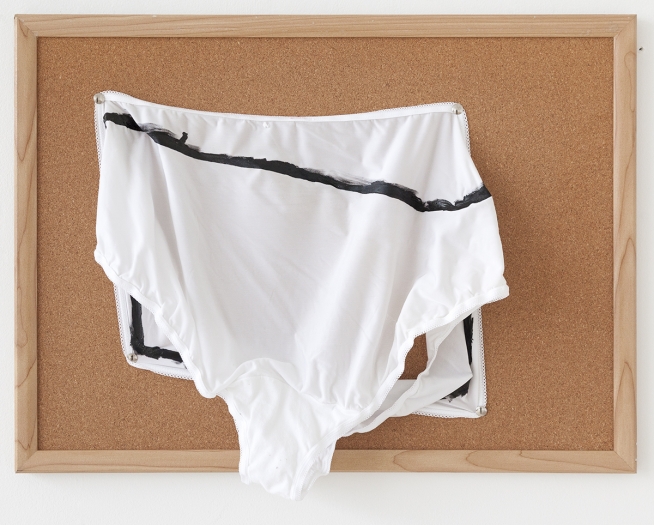 Tony Conrad Untitled (back, back), 2009 Acrylic, underwear, bulletin board 17 x 23 inches (43.2 x 58.4 cm)
