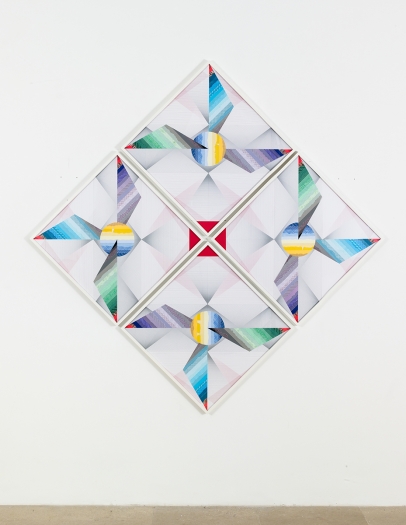 Haegue Yang Windmill - Trustworthy Triple Wings #251, 2015 Various envelope security patterns, graph paper, origami paper, framed Paper: 27 1/2 x 27 1/2 inches (70 x 70 cm) each Framed: 28 3/8 x 28 3/8 inches (72.2 x 72.2 cm) each