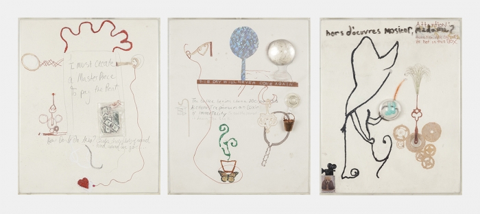Julie Becker watering, 2015 Mixed media Left: 10 3/4 x 8 3/8 x 1 1/2 inches (27.3 x 21.3 x 3.8 cm) Center: 10 5/8 x 8 3/8 x 1 1/2 inches (27 x 21.3 x 3.8 cm) Right: 10 3/8 x 8 3/8 x 1 1/2 inches (26.4 x 21.3 x 3.8 cm)
