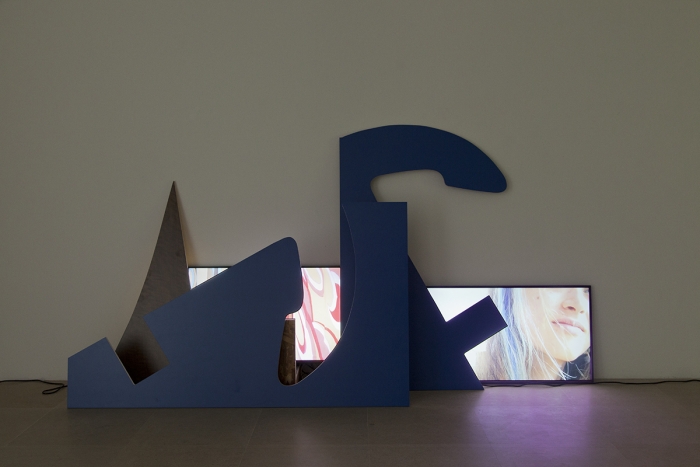 Hilary Lloyd East India Dock, 2017 Video installation, oriented strand board, laminated plywood Dimensions available