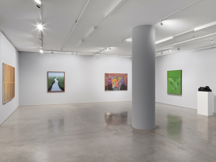 Installation view of hyperrealistic oil paintings by Claudio Bravo of a triptych depicting the wooden back of a canvas painting and green paper with holes over a green background. There is an acrylic painting by Tomás Sánchez of a river scene and trees in a wood frame. There is an oil painting by Rufino Tamayo featuring three colorful geometric figures and a bronze sculpture on a pedestal of a woman on a bed by Fernando Botero
