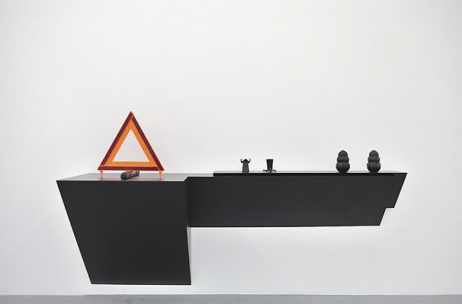 Haim Steinbach Untitled (emergency sign, shot glasses, dog chews), 2009