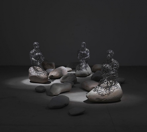 Islands, 2012 Stainless steel and stone, 18 elements