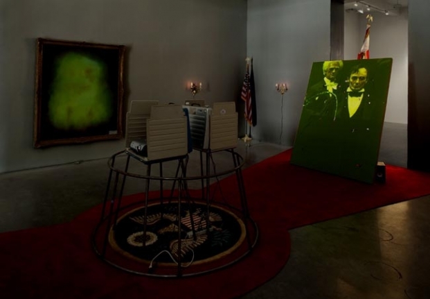 Stephen G Rhodes, Whipped Jamboree - Interregnum Repetition Restoration (Whipped Lincoln) and Interregnum Repetition Restoration (Whipped Washington), 2008. Unique dual channel video with voting booth and mixed media, dimensions variable. MP 5