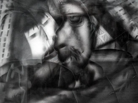 Nearsighted Couple on a Sunday Drive, 1981. Airbrush and pencil on paper, 10 5/8 x 14 inches. MP d-233