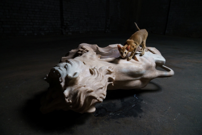 Total Loss, 2020. Marble lions, milk. Performance still, 2020. 