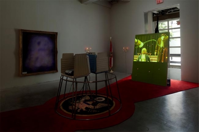 Stephen G Rhodes. Whipped Jamboree - Interregnum Repetition Restoration (Whipped Lincoln) and Interregnum Repetition Restoration (Whipped Washington), 2008. Unique dual channel video with voting booth and mixed media, dimensions variable. MP 5
