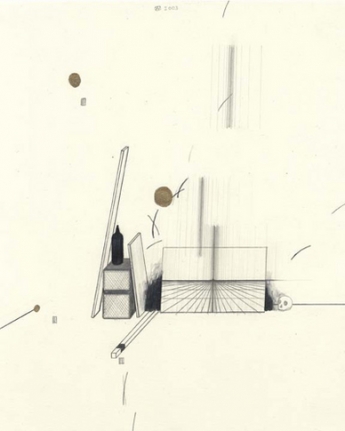 Party Pieces, 2003. Graphite, colored pencil and gold ink on paper, 10 1/2 x 8 inches. MP D-63