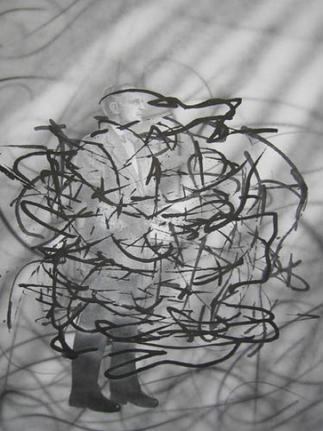 Jim Shaw, Untitled Scribble (Man with Bow-Tie), 2008. Airbrush, ink and pencil on paper