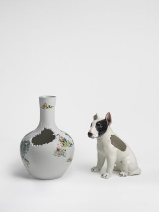 China, 2016. Ceramic vase and ceramic dog,