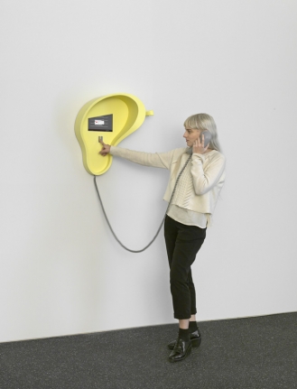 Bad Dad & Beyond, 2015. Three dimensional resin print, HDMI 4 pi 10.1", HMDI cable, 9V AC/DC 1000 mA power adaptor, IR sensor, 8 ohm speaker small, class D amp, soundcard (USB-connected), 1/8" cable, pushbutton, jumper wire: 6-pin female conn, RJ11 jack, 25 ft Vodavi Gray Phone Cord, Rasp Pi 2 Model B V1.1, power cord USB, ethernet cable. 44 x 20 x 9 inches (111.8 x 50.8 x 22.9 cm).