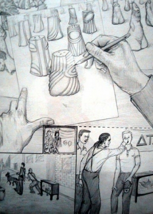 Untitled (I was drawing lots) (Dream Drawings Salt and Pepper shakers nose pinch), 1994. Pencil on paper, 12 x 9 inches. MP d-107