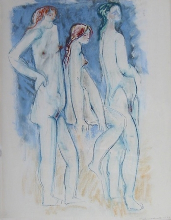 Hans Burkhardt untitled 1972 pastel of three nudes.