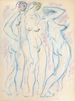 Untitled 1974 pastel of three nude women by Hans Burkhardt.