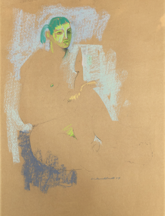 Untitled 1959 pastel of seated nude by Hans Burkhardt.