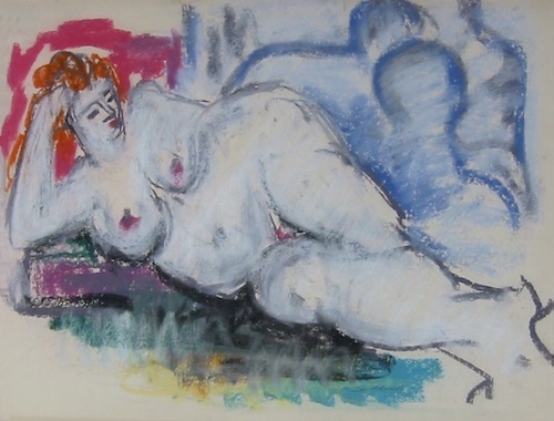 Untitled reclining nude pastel by Hans Burkhardt.