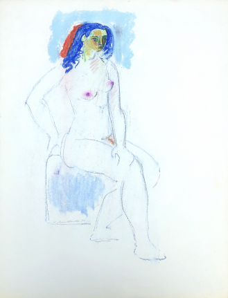 Untiled 1970 pastel of nude with blue hair by Hans Burkhardt.