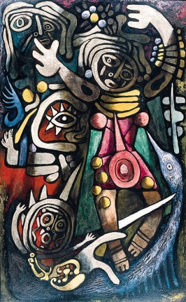 Tempera painting entitled "Ceremonial Dancers" by Julio De Diego.