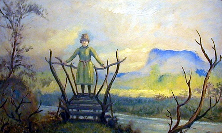 Sold oil painting of woman on bridge with hat by Louis Eilshemius.