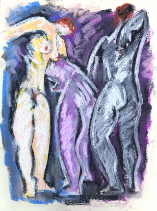 Untitled 1974 pastel of three nudes by Hans Burkhardt.