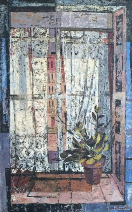 Jenne Magafan oil painting of a lace curtain in window.