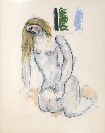 Untitled 1971 pastel of a nude woman kneeling by Hans Burkhardt.
