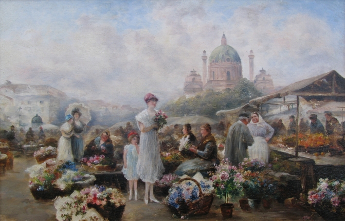 Emil Barbarini oil painting of Vienna Flower Market.