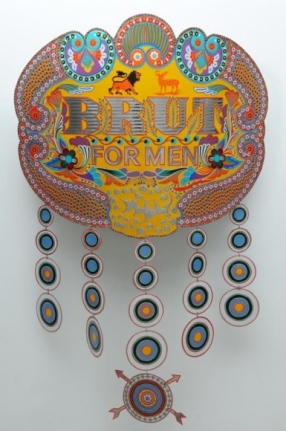 Abdullah M.I. Syed BRUT FOR MEN: TARGET (ENGLISH VERSION) 2013 Hand-beaten and stickered metal medallion, wood and stainless steel 59 x 46 in.