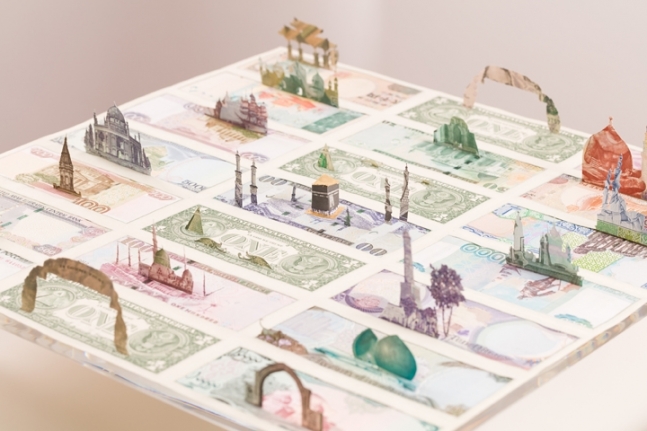 Abdullah M. I. Syed Moneyscape V: Temenos (Detail) 2017 Hand-cut and assembled various uncirculated banknotes in custom light-box vitrine 22 x 22 x 10 in