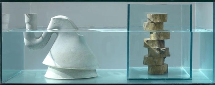 Atul Bhalla SPACE 2007 Installation in Yamuna sand, cement, water, gravel, glass and Neem wood 48 x 48 x 24 in.