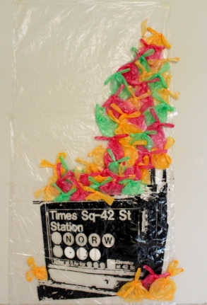 Hira Khan, Disposable Standards, 2018, Screen print and polythene bags, 70 x 36 in