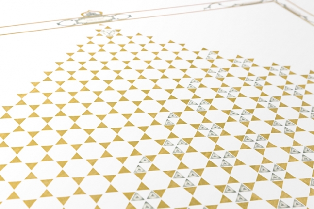 Abdullah M. I. Syed Illuminated Prisms Manuscript II: Page 3 - Recto/Verso (Detail) 2017 Hand-cut U.S. $1 banknotes collage and 24k gold on Illustration board 39.50 x 50 in