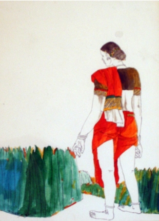 Laxma Goud WOMAN IN GRASS 1980 Watercolor on paper 15 x 11 in.