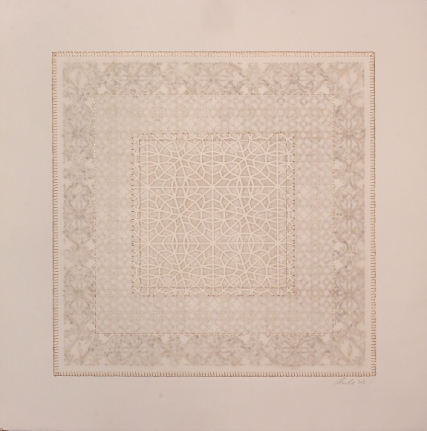 Anila Quayyum Agha Walking Amongst the Bloms 2016 Mixed media on paper (Laser-cut patterns on paper with mylar, embroidery andbeads) 25.5 x 25.5 in.