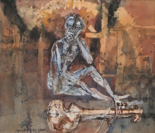 Shyamal Dutta-Ray MAN WITH SITAR 2001 Mixed media on paper 18 x 21 in.