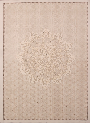 Anila Quayyum Agha Antique Lace Series - 1 2016 Mixed media on paper (Laser-cut patterns on paper with mylar, embroidery andbeads) 30 x 22 in.