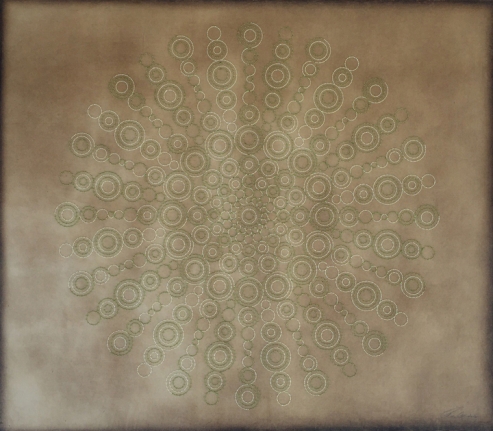 Anila Quayyum Agha Illuminations - Green 2016 Mixed media on paper (Green and white thread with green and light green beads on brown Korean hand-made paper) 36 x 41.5 in.