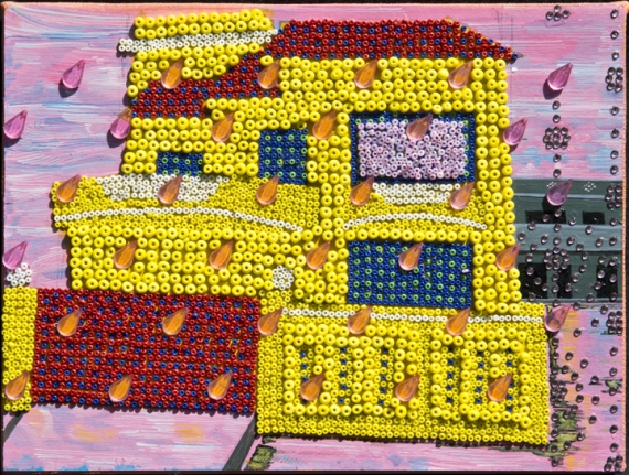 Saba Khan Dream House on a Rainy Day, 2015 Crystals, beads and acrylic on canvas 7 x 9.50 in