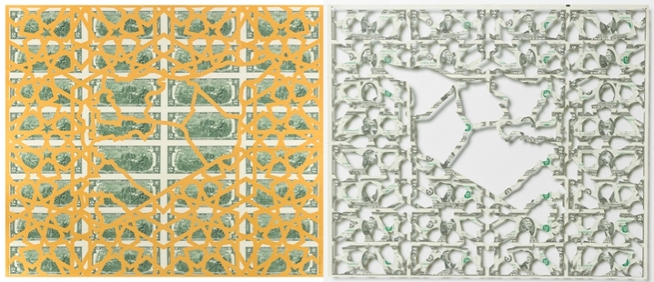 Abdullah M. I. Syed Mapping Investment: Syria (Diptych) 2017 Hand-cut U.S. $2 banknot sheet and banknote collage with acrylic on wasli 20 x 50 in.